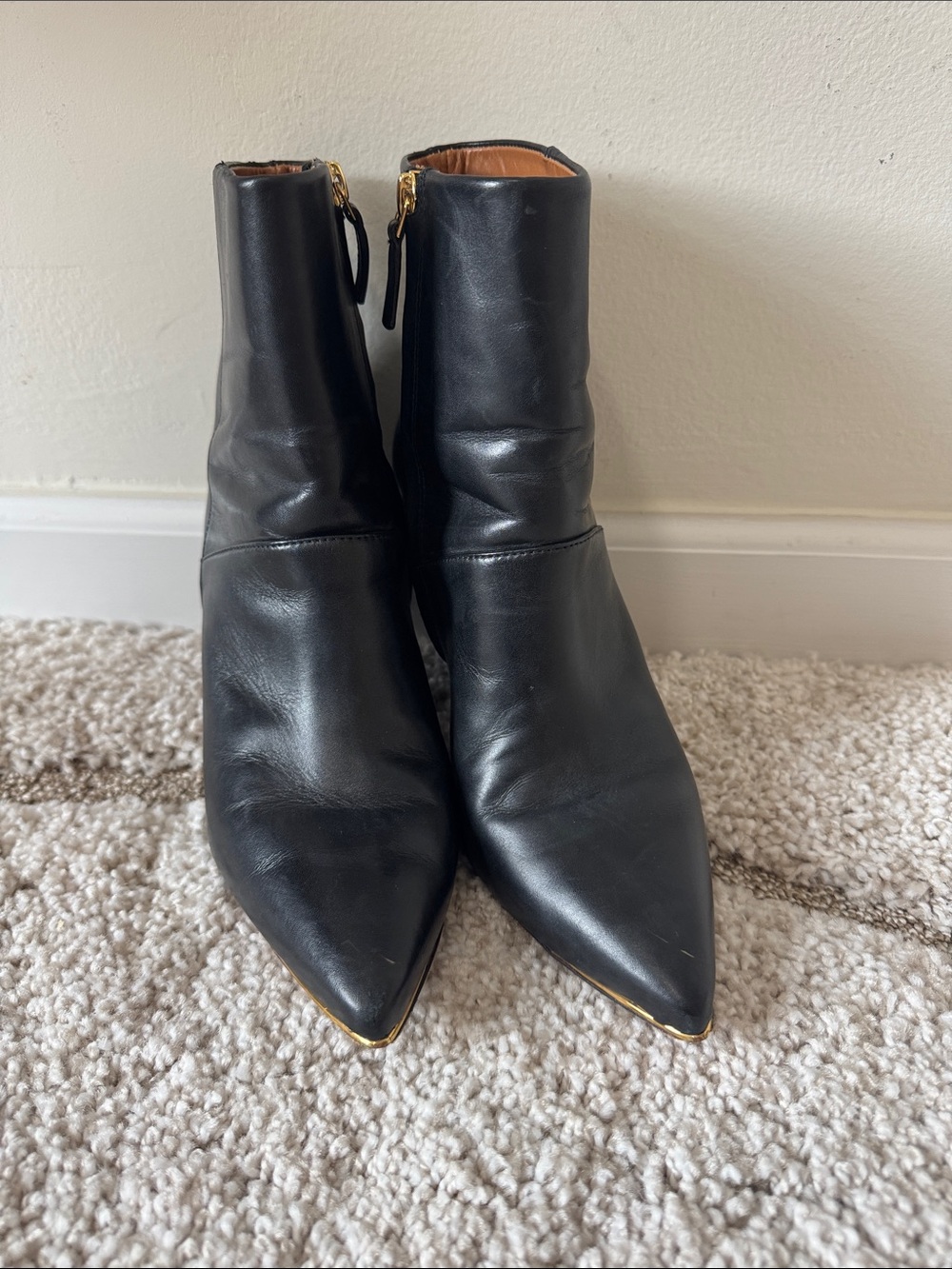 Tory Burch Black Leather Pointed Ankle Boots with Gold Trim
